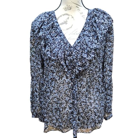 Veronica Beard -561 Silk Buttoned Ruffle Blouse Long Sleeve Navy and Gold Size 6 - Picture 1 of 12